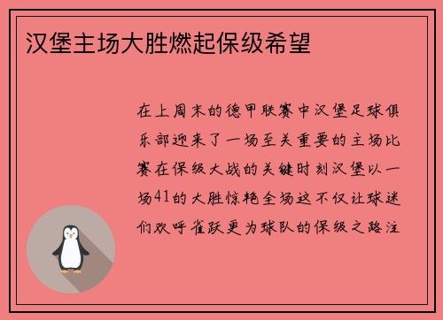 汉堡主场大胜燃起保级希望