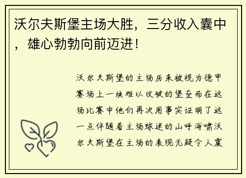 沃尔夫斯堡主场大胜，三分收入囊中，雄心勃勃向前迈进！